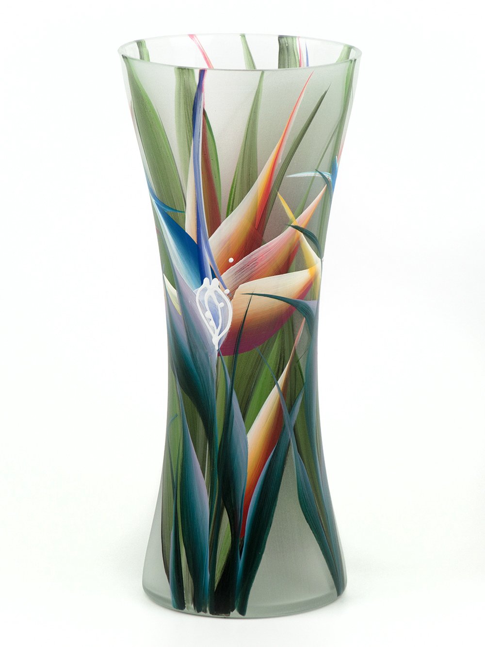 A beautifully hand-painted glass vase featuring intricate floral and geometric designs, showcasing vibrant colors and unique artistry.