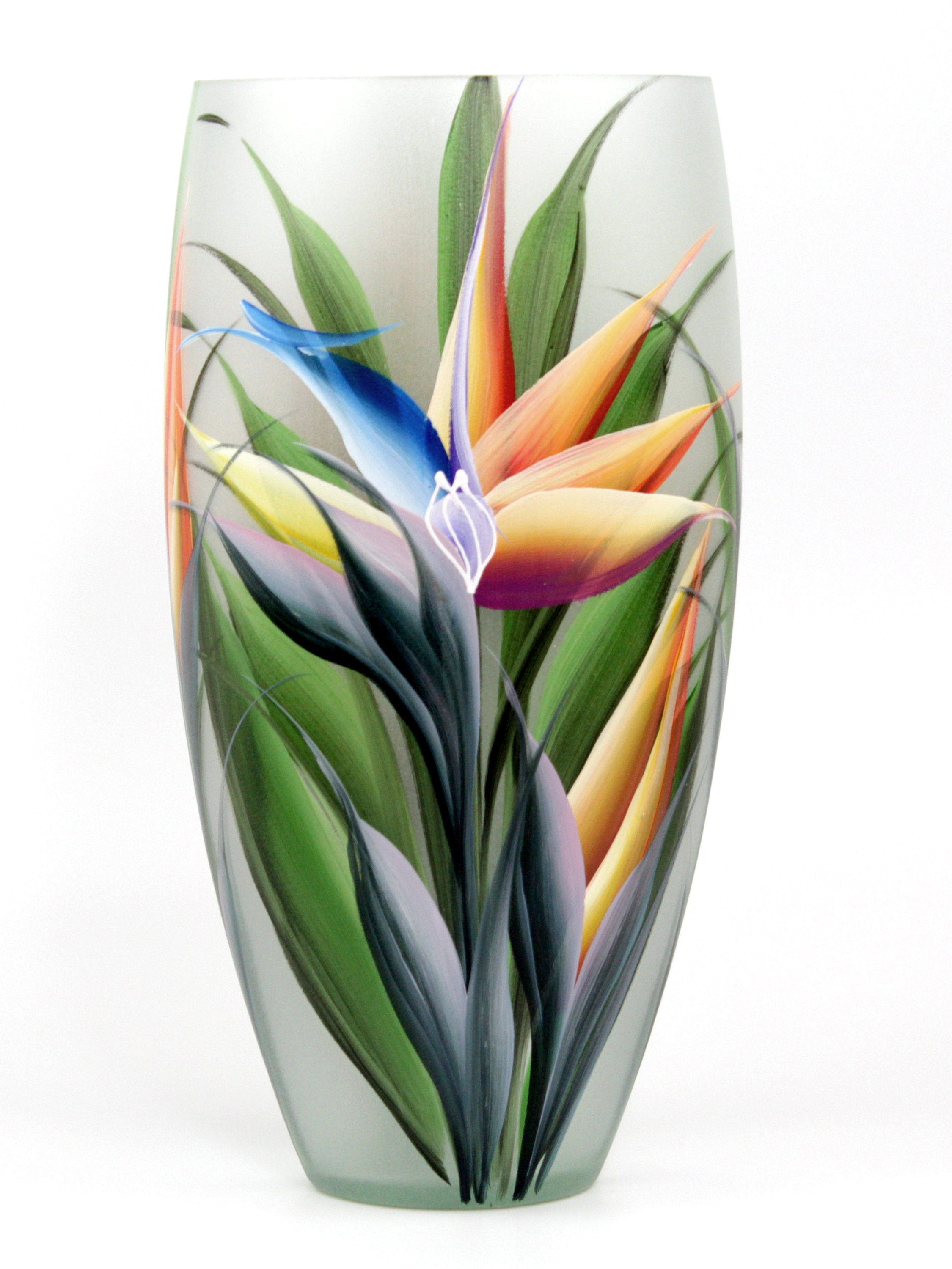 A beautifully hand-painted glass vase featuring unique floral and geometric designs, perfect for displaying flowers.