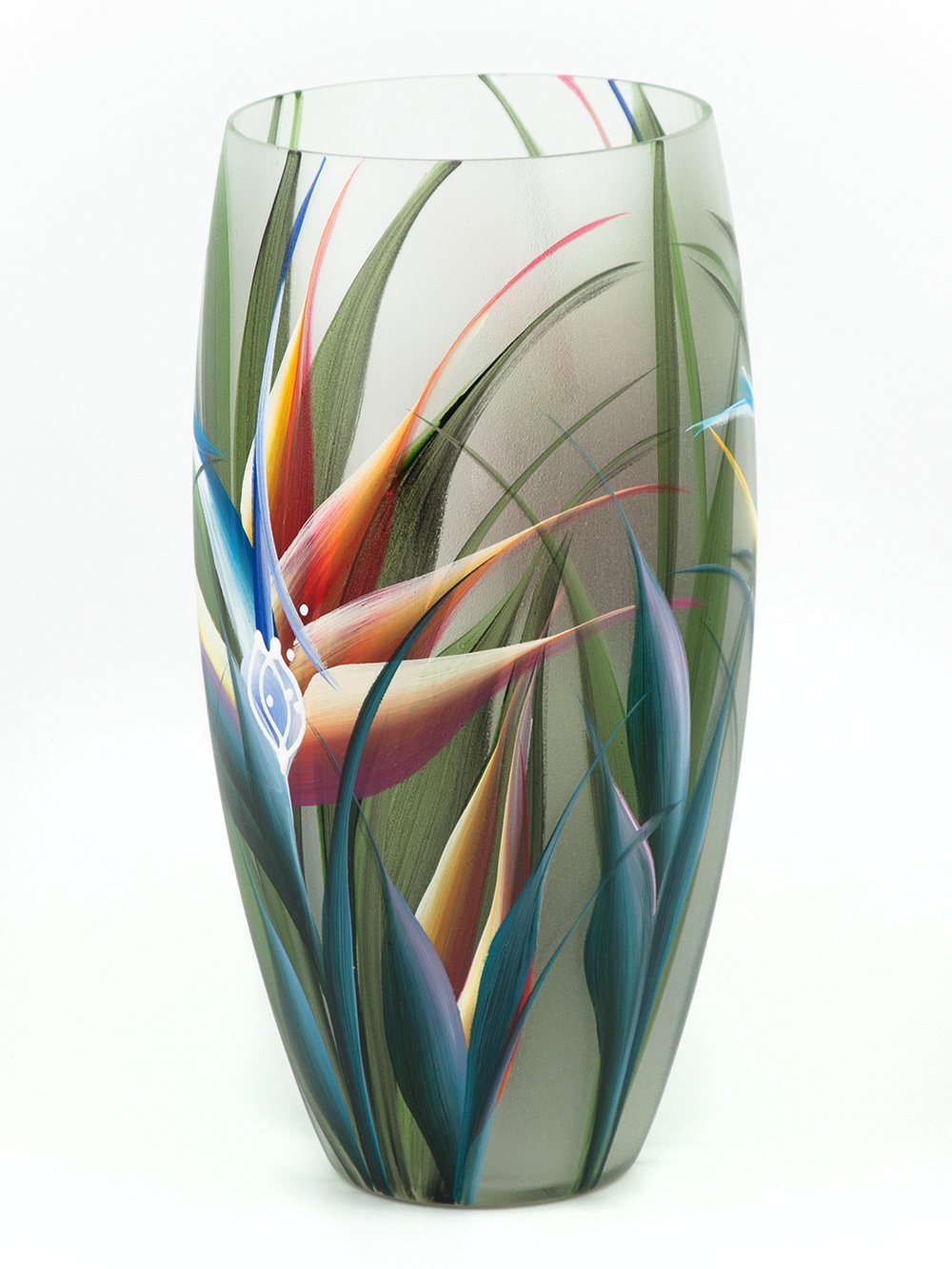 A beautifully hand-painted glass vase featuring unique floral and geometric designs, perfect for displaying flowers.