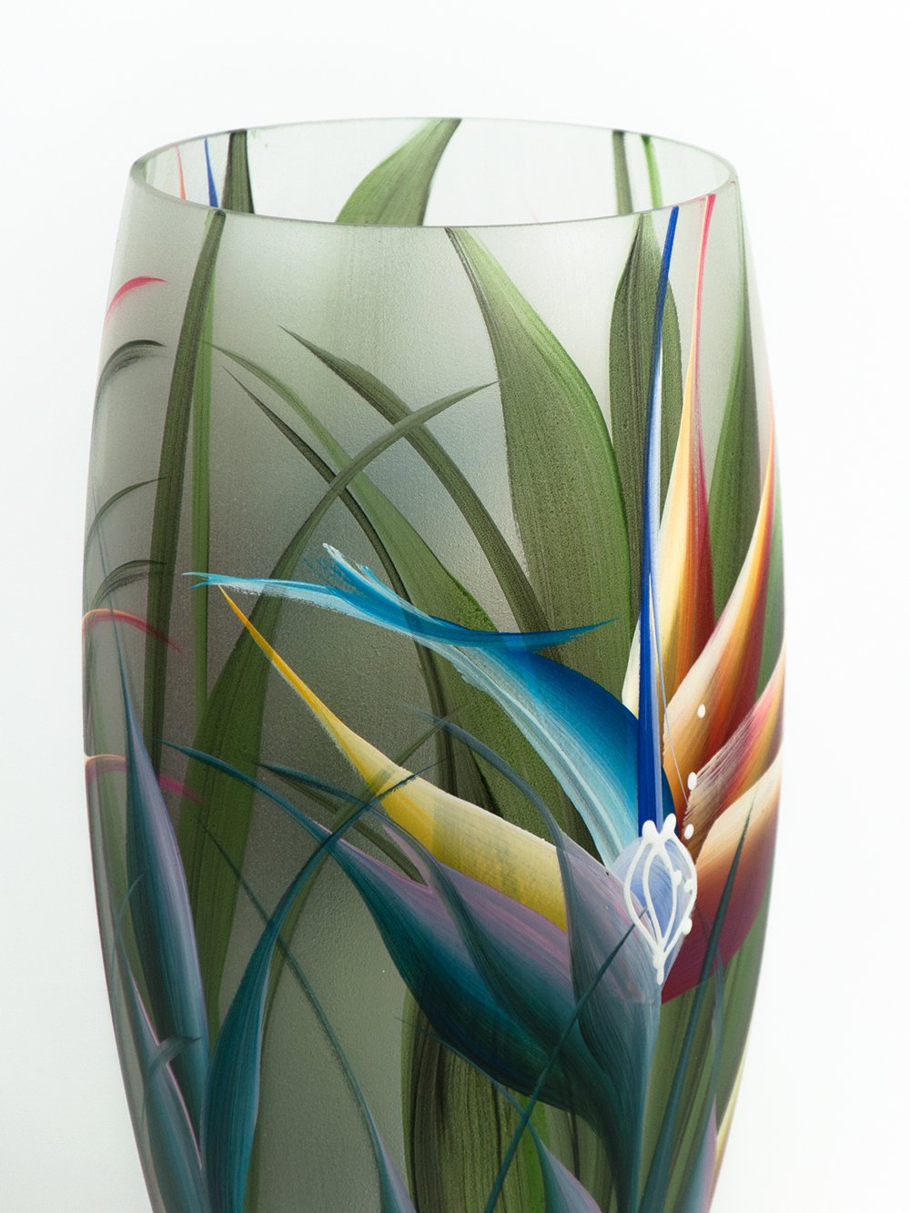 A beautifully hand-painted glass vase featuring unique floral and geometric designs, perfect for displaying flowers.