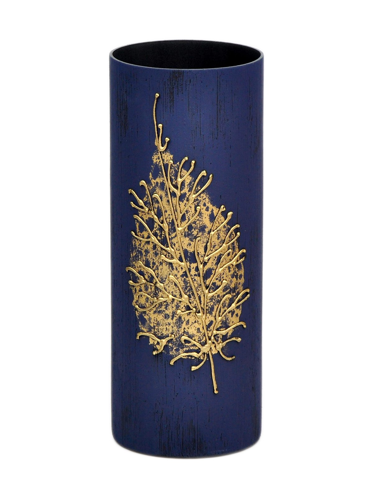 A stunning dark blue handpainted glass vase, 12 inches tall, featuring unique artistic designs perfect for displaying flowers.