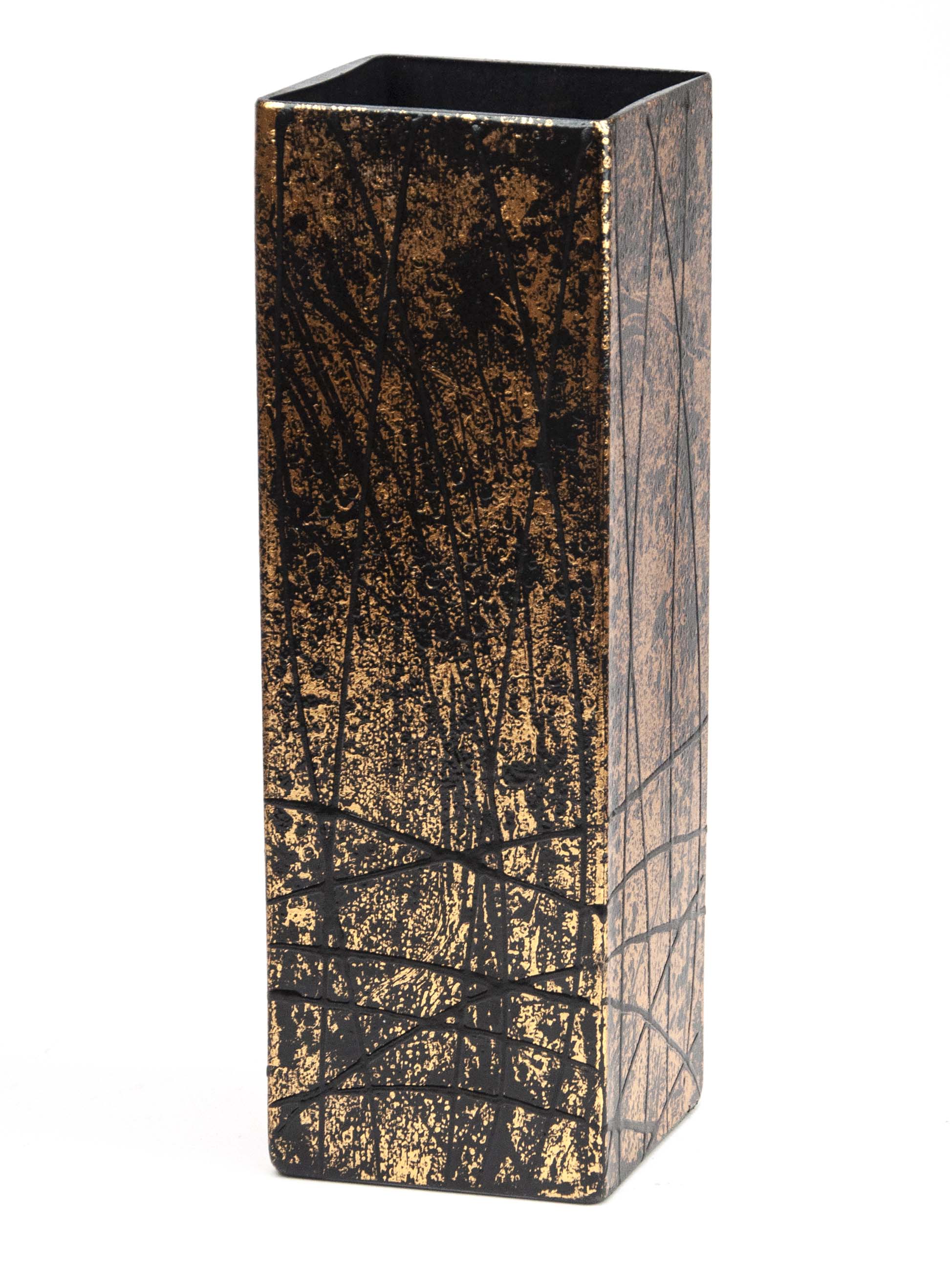 A beautifully hand-painted glass vase featuring glossy gold accents, showcasing intricate nature-inspired and geometric designs.