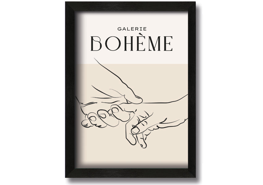 A beautifully framed print titled 'Hands Holding', showcasing a touching image of two hands intertwined, available in various frame colors.