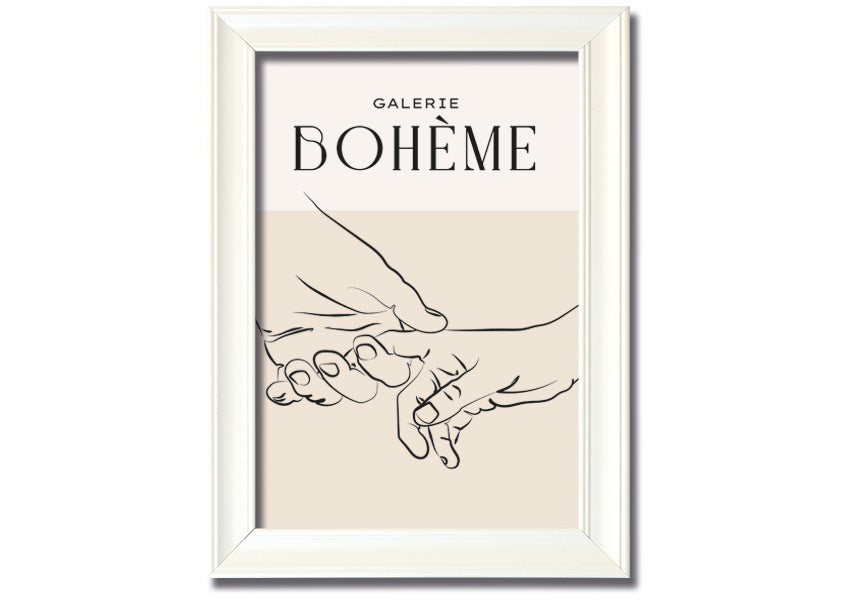 A beautifully framed print titled 'Hands Holding', showcasing a touching image of two hands intertwined, available in various frame colors.