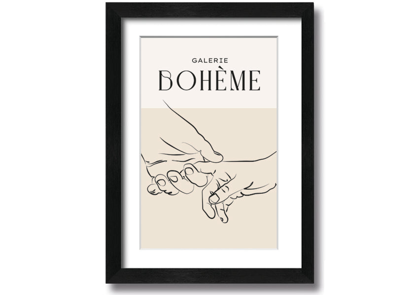 A beautifully framed print titled 'Hands Holding', showcasing a touching image of two hands intertwined, available in various frame colors.