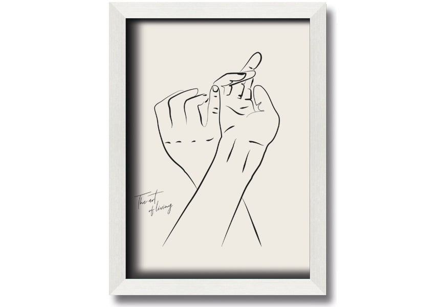 A beautifully framed print titled 'Hands Holding', showcasing a touching image of two hands intertwined, available in various frame colors.