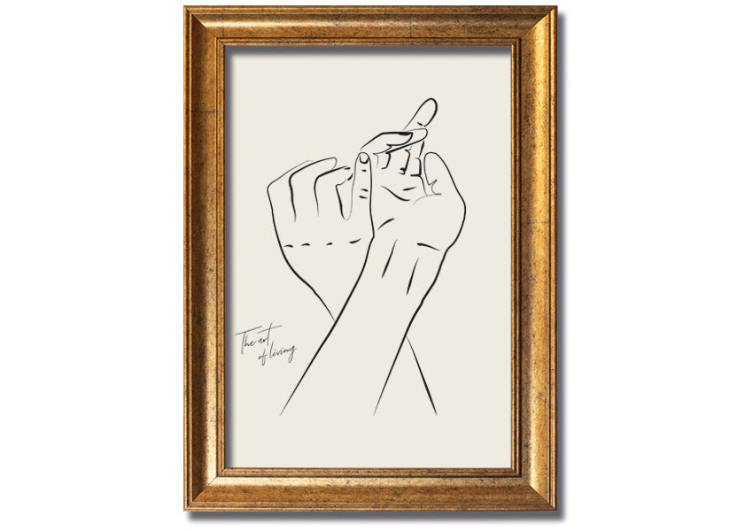 A beautifully framed print titled 'Hands Holding', showcasing a touching image of two hands intertwined, available in various frame colors.