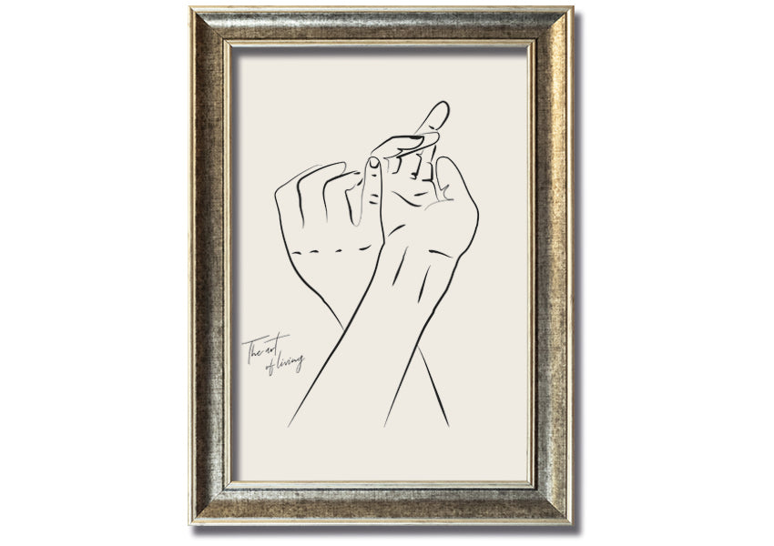 A beautifully framed print titled 'Hands Holding', showcasing a touching image of two hands intertwined, available in various frame colors.