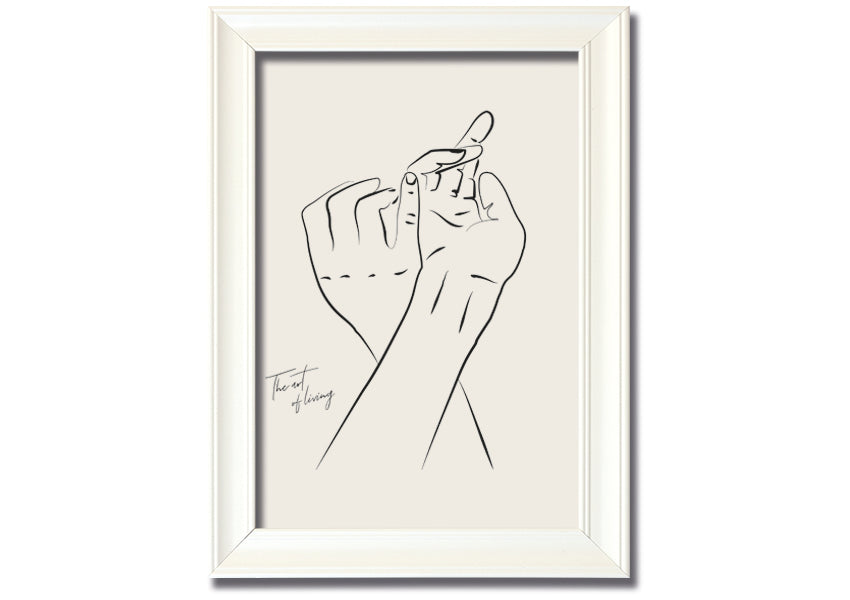 A beautifully framed print titled 'Hands Holding', showcasing a touching image of two hands intertwined, available in various frame colors.