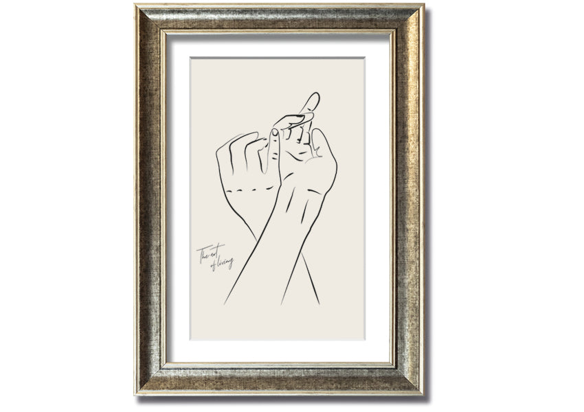 A beautifully framed print titled 'Hands Holding', showcasing a touching image of two hands intertwined, available in various frame colors.