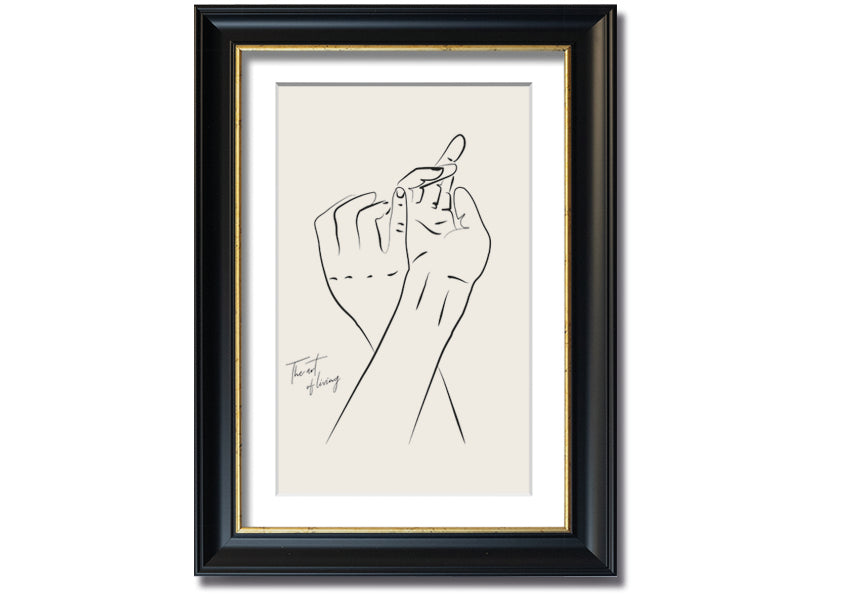 A beautifully framed print titled 'Hands Holding', showcasing a touching image of two hands intertwined, available in various frame colors.