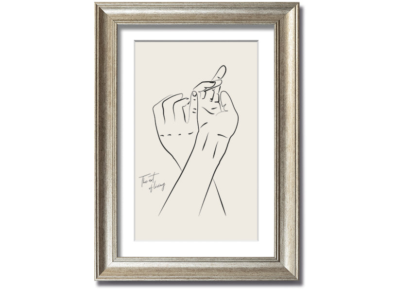 A beautifully framed print titled 'Hands Holding', showcasing a touching image of two hands intertwined, available in various frame colors.