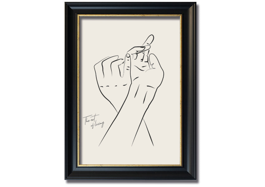 A beautifully framed print titled 'Hands Holding', showcasing a touching image of two hands intertwined, available in various frame colors.