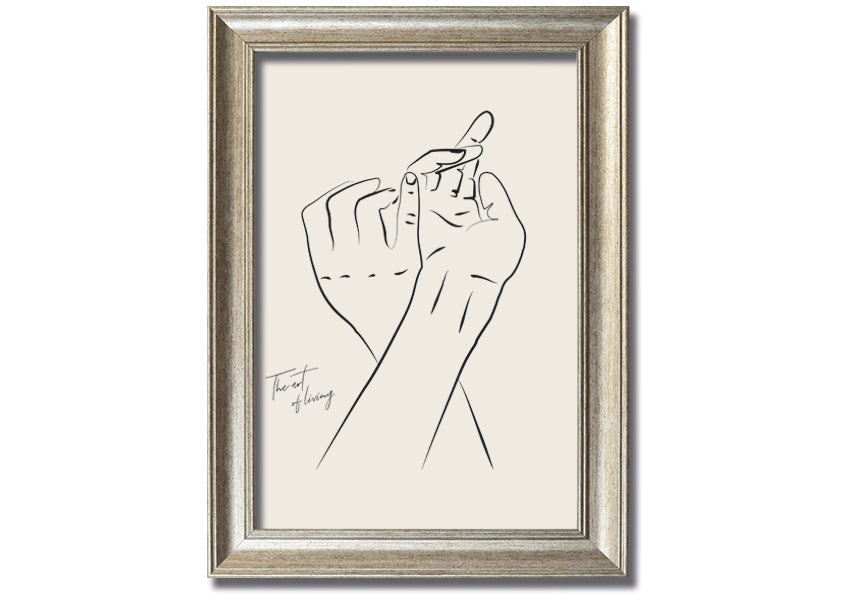 A beautifully framed print titled 'Hands Holding', showcasing a touching image of two hands intertwined, available in various frame colors.