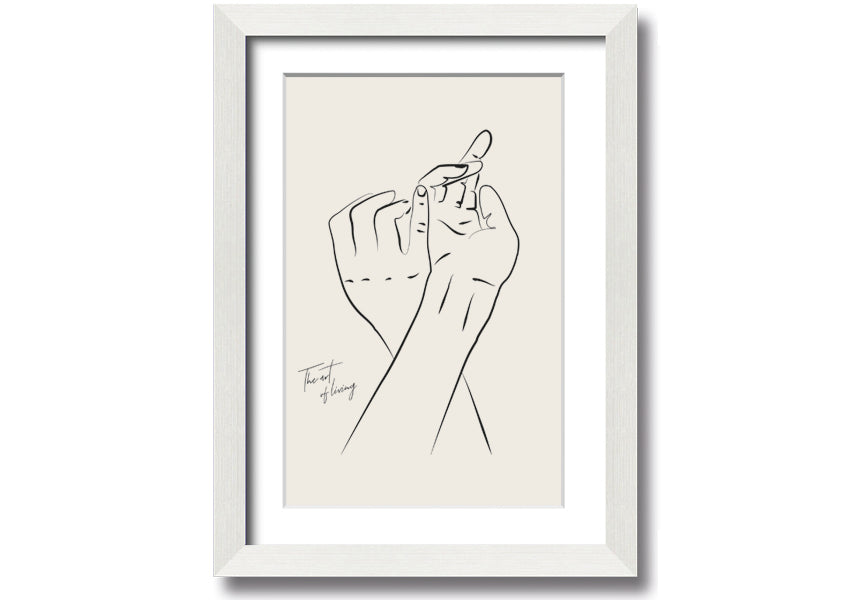 A beautifully framed print titled 'Hands Holding', showcasing a touching image of two hands intertwined, available in various frame colors.