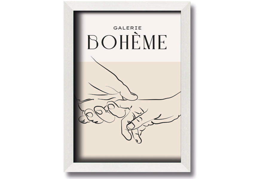 A beautifully framed print titled 'Hands Holding', showcasing a touching image of two hands intertwined, available in various frame colors.