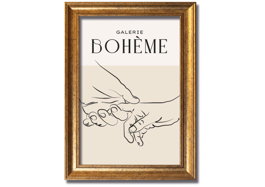 A beautifully framed print titled 'Hands Holding', showcasing a touching image of two hands intertwined, available in various frame colors.