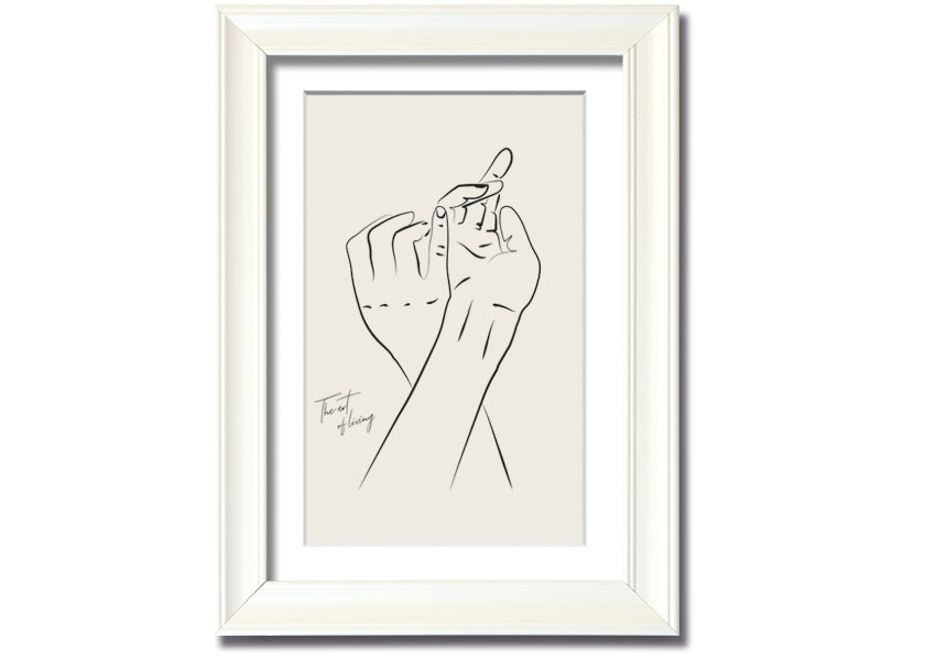 A beautifully framed print titled 'Hands Holding', showcasing a touching image of two hands intertwined, available in various frame colors.