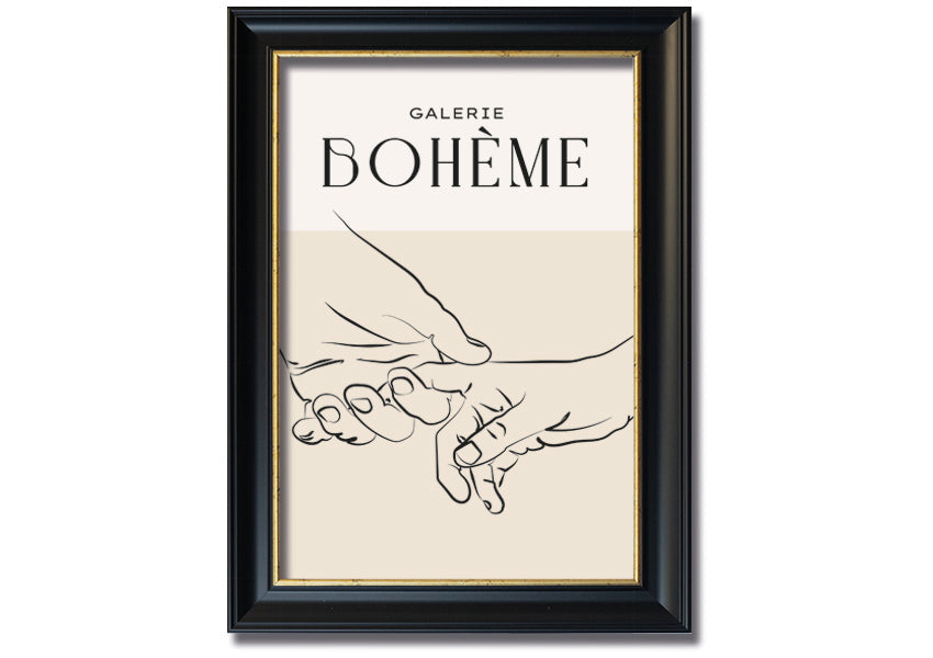 A beautifully framed print titled 'Hands Holding', showcasing a touching image of two hands intertwined, available in various frame colors.