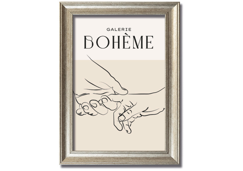 A beautifully framed print titled 'Hands Holding', showcasing a touching image of two hands intertwined, available in various frame colors.