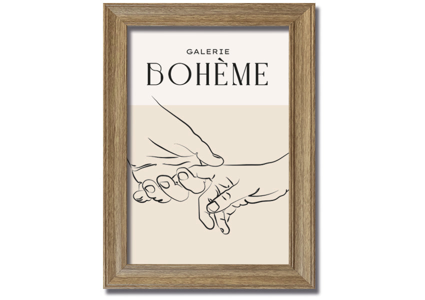 A beautifully framed print titled 'Hands Holding', showcasing a touching image of two hands intertwined, available in various frame colors.