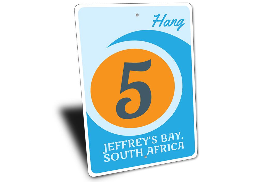 A vibrant Hang Five Sign made of high-quality aluminum, featuring beach-themed graphics, perfect for coastal decor.