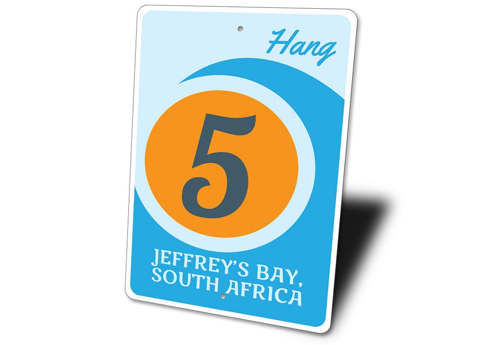 A vibrant Hang Five Sign made of high-quality aluminum, featuring beach-themed graphics, perfect for coastal decor.