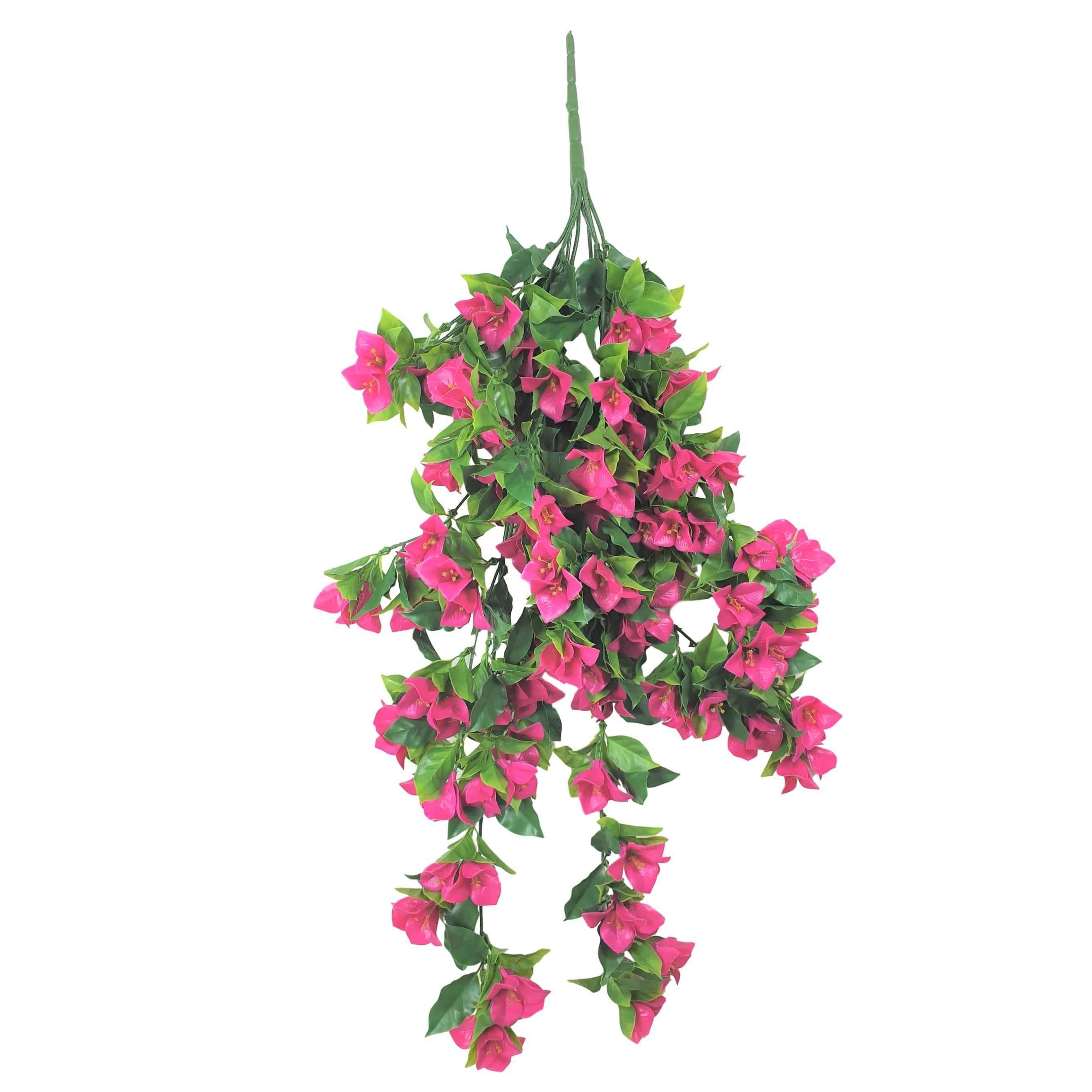 Hanging artificial bougainvillea plant with vibrant pink and lilac flowers, showcasing lush green UV resistant leaves, perfect for indoor and outdoor decor.