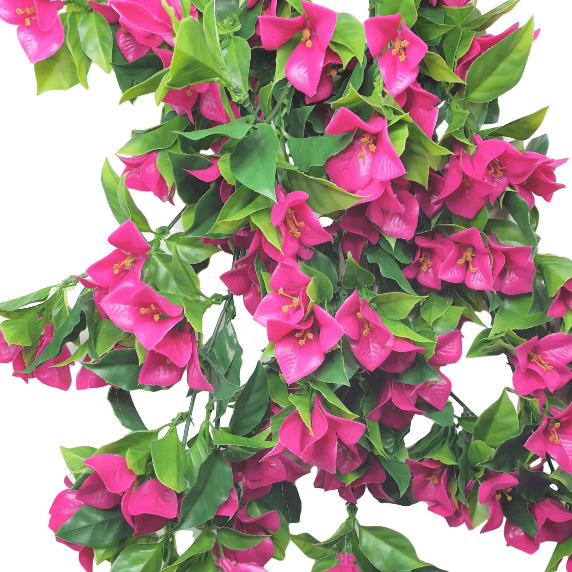 Hanging artificial bougainvillea plant with vibrant pink and lilac flowers, showcasing lush green UV resistant leaves, perfect for indoor and outdoor decor.