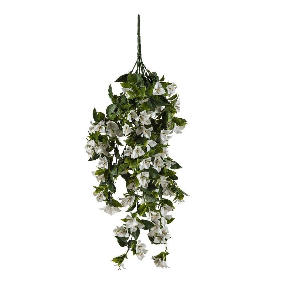 Hanging White Artificial Bougainvillea Plant with lush green leaves and vibrant white flowers, perfect for home decor.