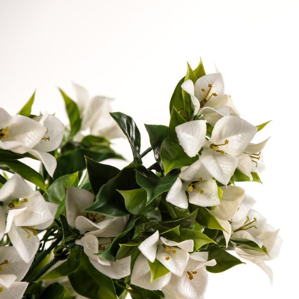 Hanging White Artificial Bougainvillea Plant with lush green leaves and vibrant white flowers, perfect for home decor.