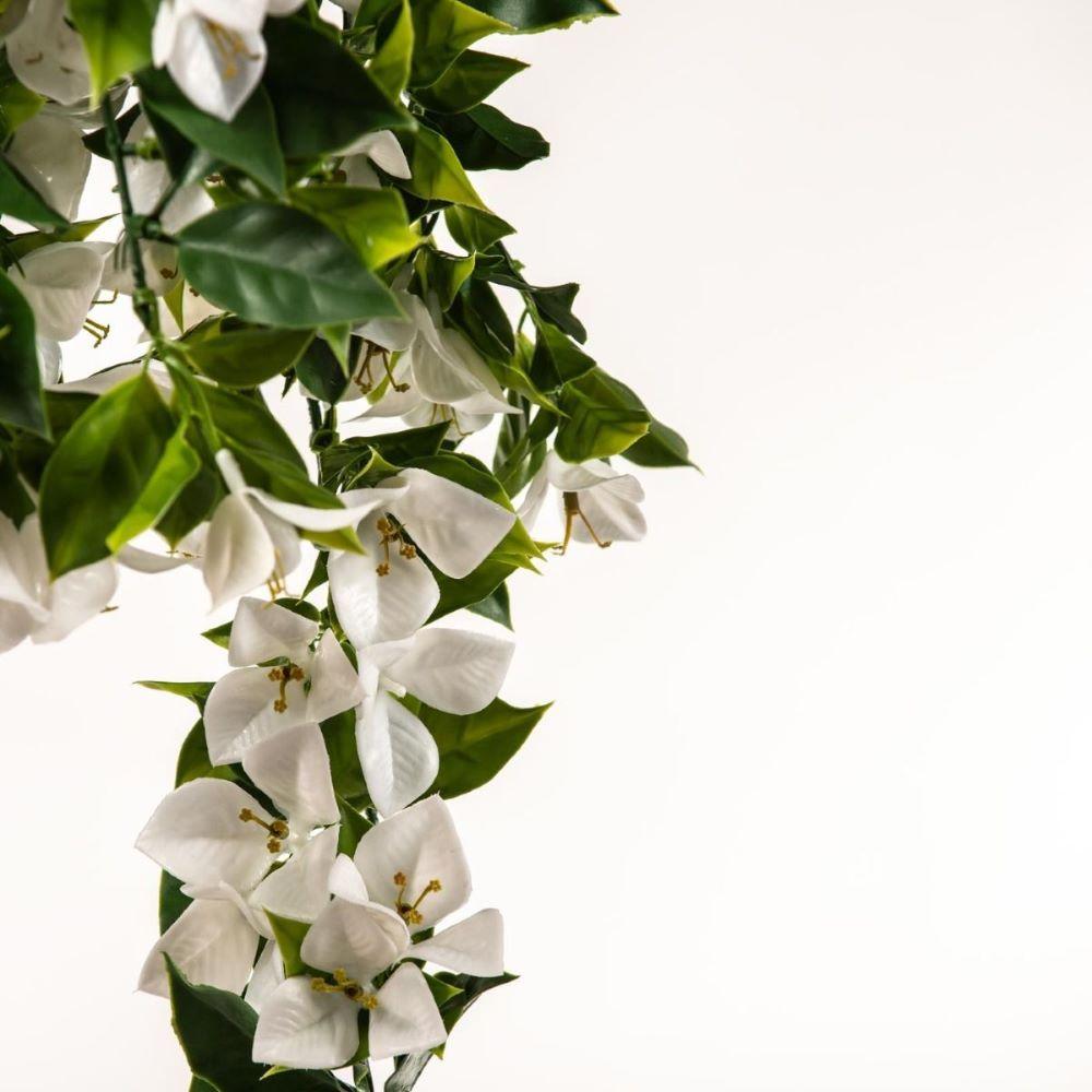 Hanging White Artificial Bougainvillea Plant with lush green leaves and vibrant white flowers, perfect for home decor.