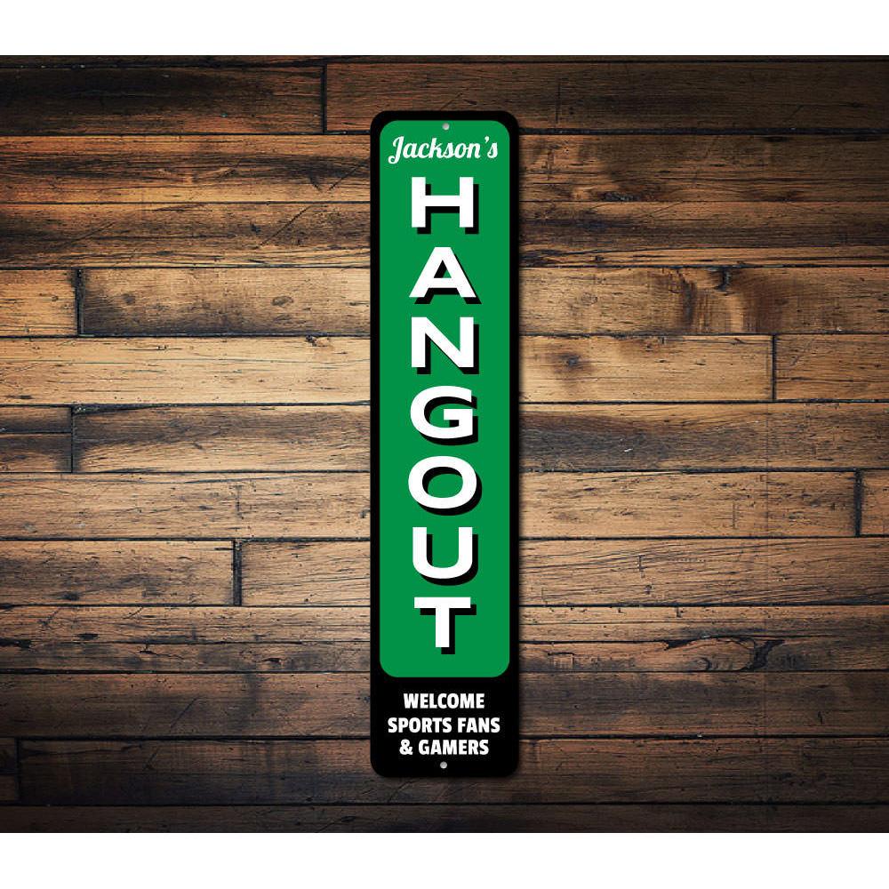 Customizable Hangout Sign made of high-quality aluminum, featuring pre-drilled holes for easy mounting, perfect for kids' rooms and home decor.