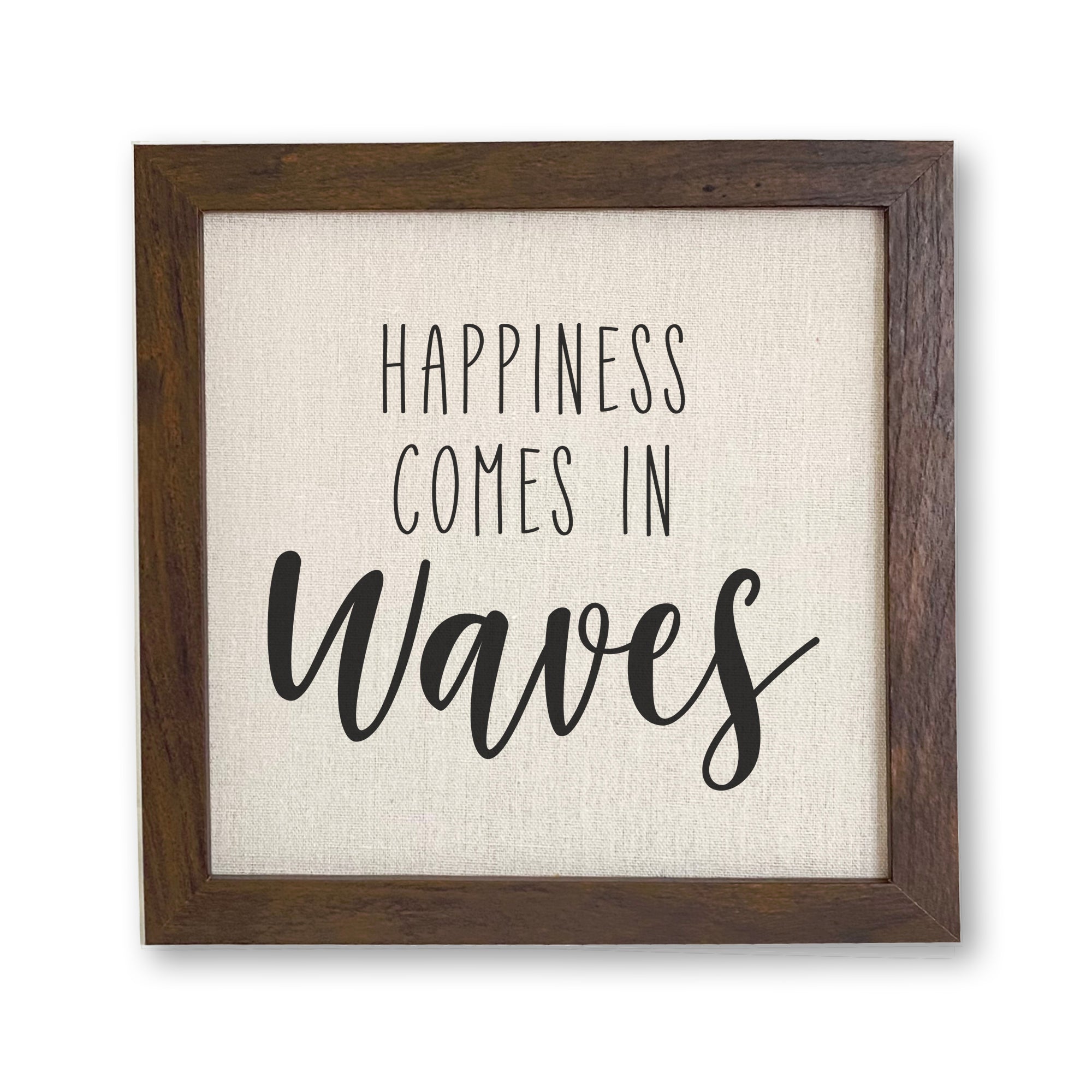 Happiness Comes in Waves framed sign with a wood frame and linen-look background, showcasing eco-friendly printing.