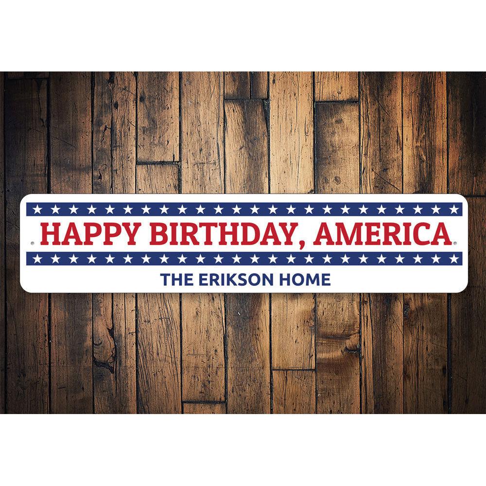 A vibrant Happy Birthday America sign made of aluminum, featuring patriotic colors and customizable text, perfect for celebrations.