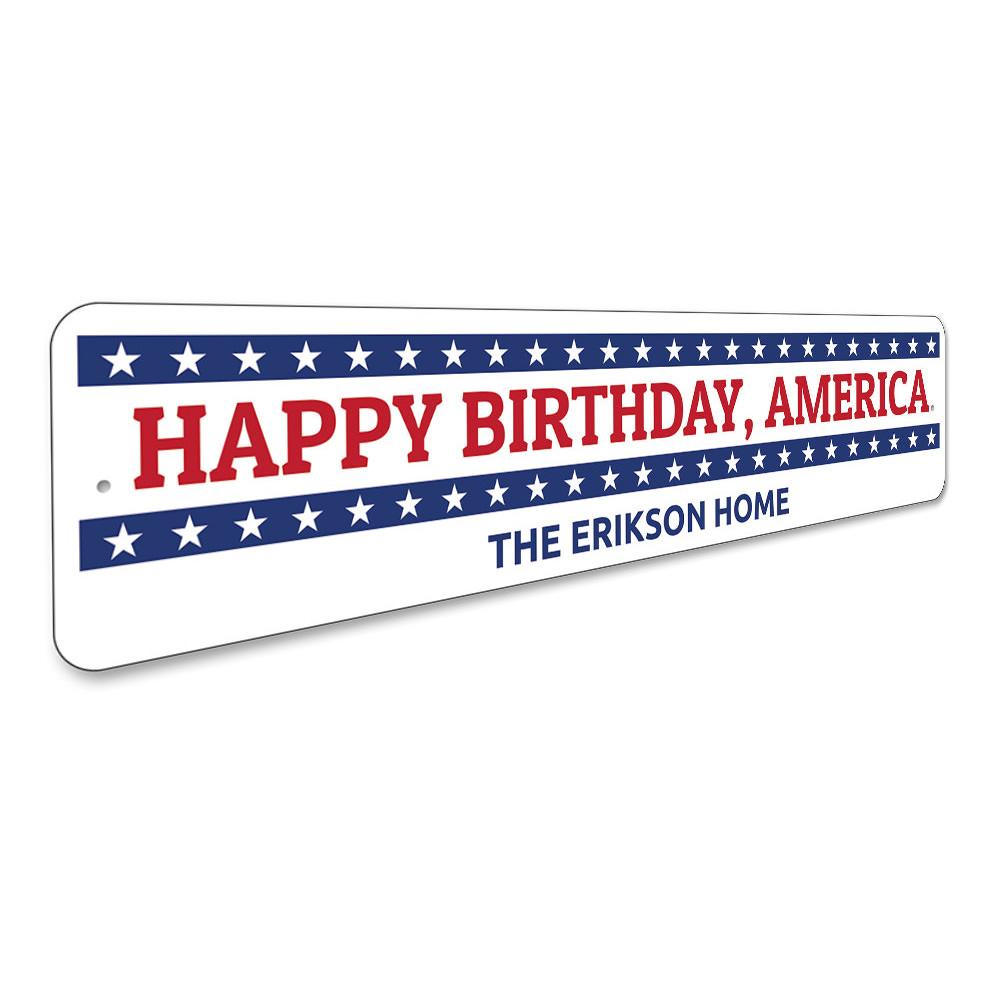 A vibrant Happy Birthday America sign made of aluminum, featuring patriotic colors and customizable text, perfect for celebrations.