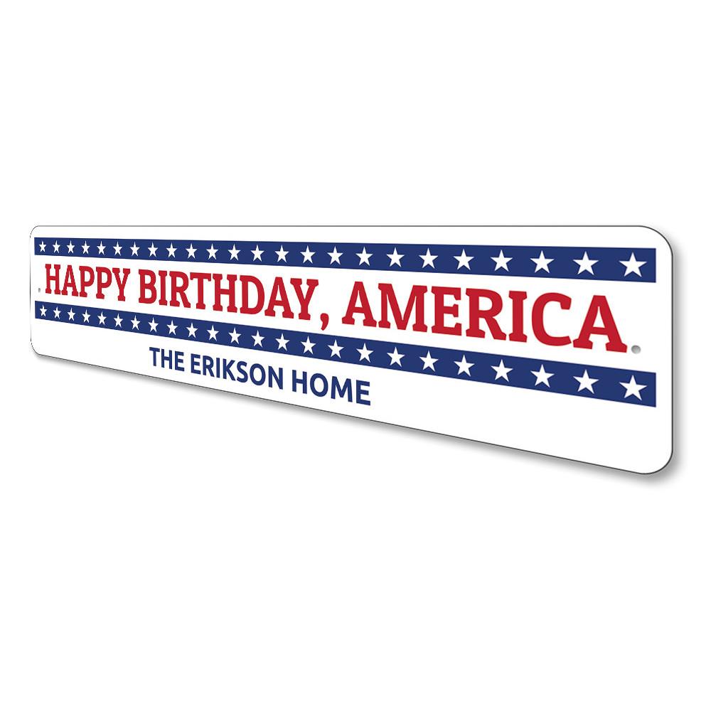 A vibrant Happy Birthday America sign made of aluminum, featuring patriotic colors and customizable text, perfect for celebrations.