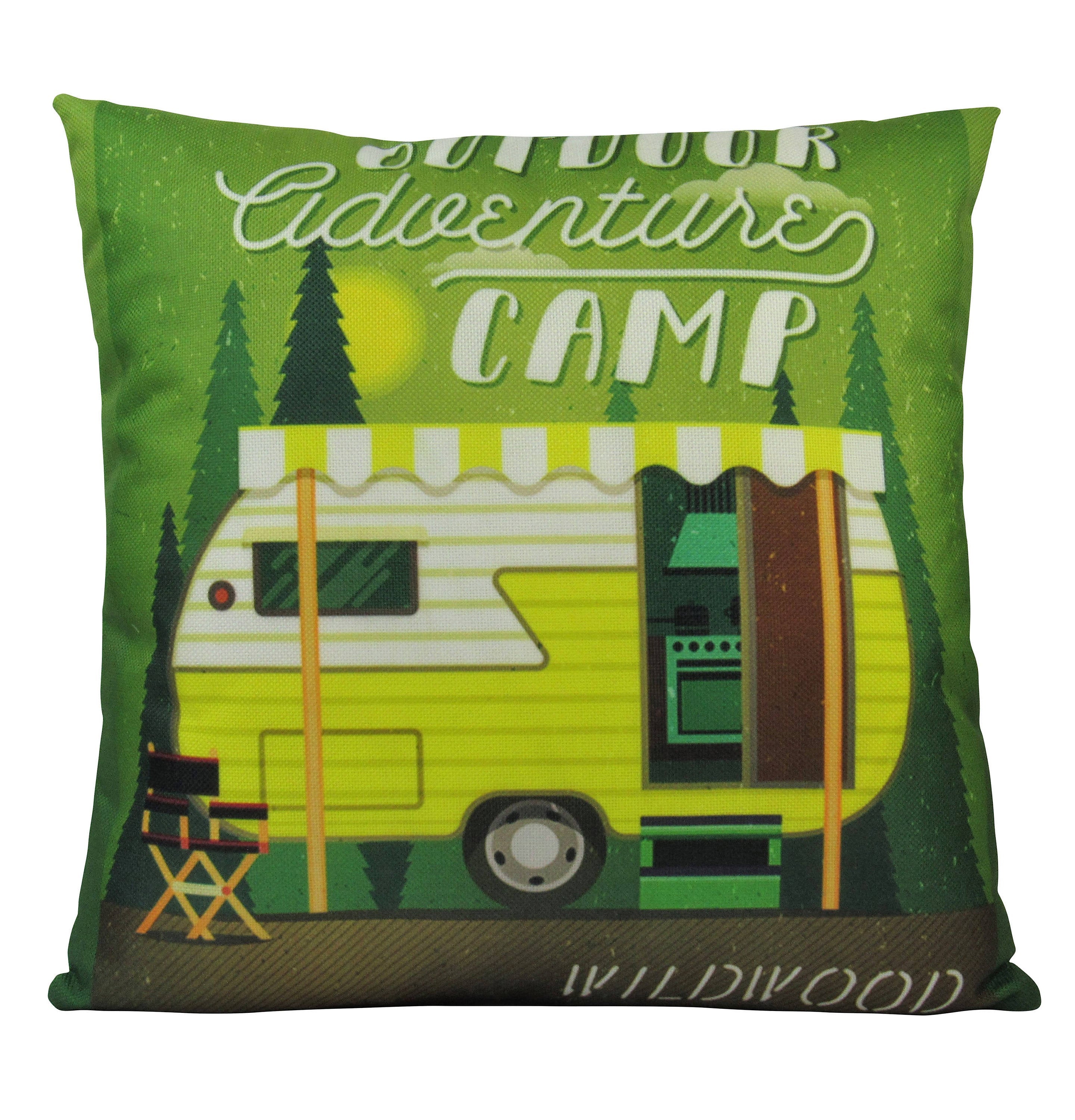 Happy Camper pillow cover featuring an Outdoor Adventure Camp trailer design, made from a durable cotton/polyester blend with a concealed zipper.