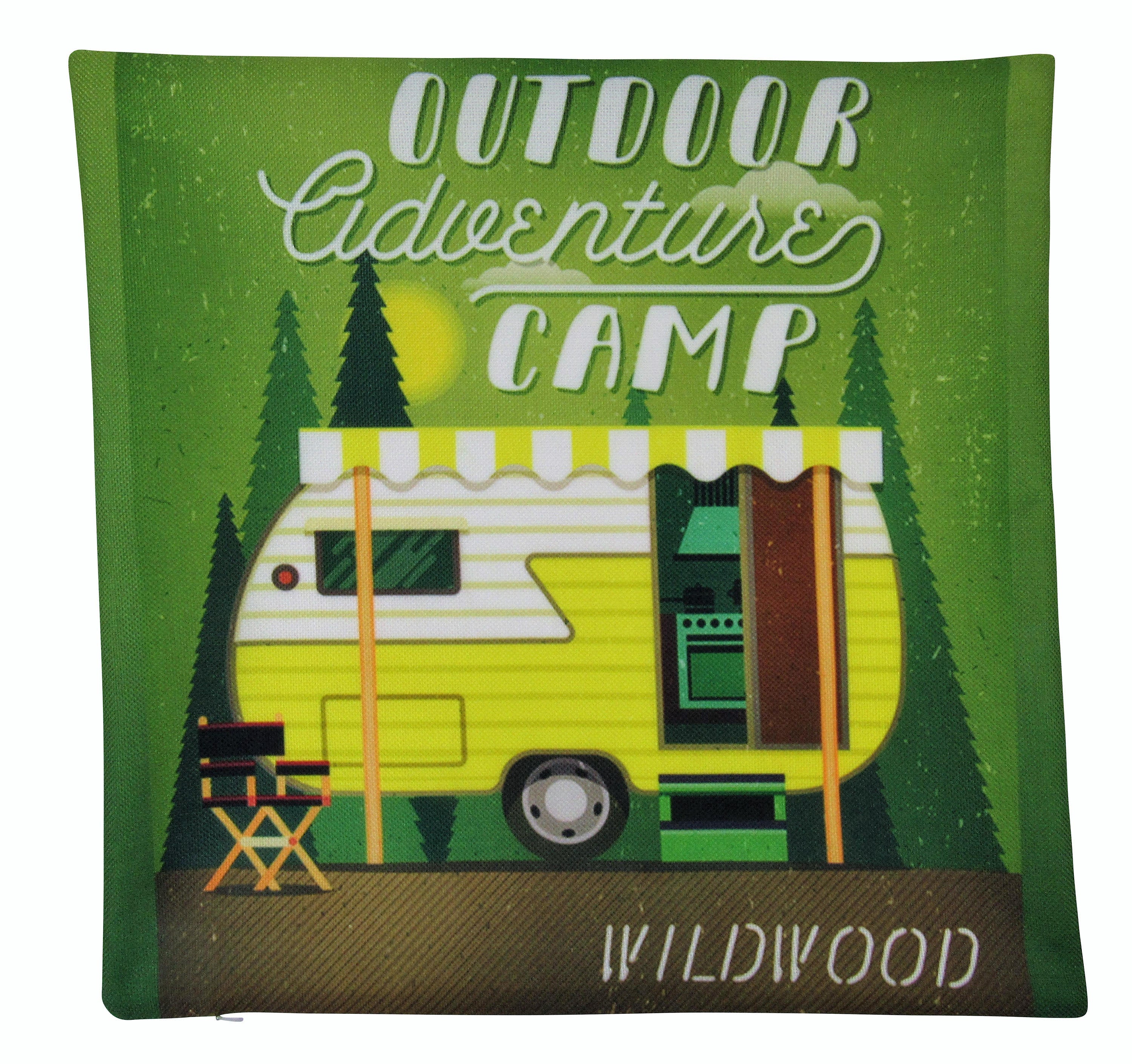 Happy Camper pillow cover featuring an Outdoor Adventure Camp trailer design, made from a durable cotton/polyester blend with a concealed zipper.