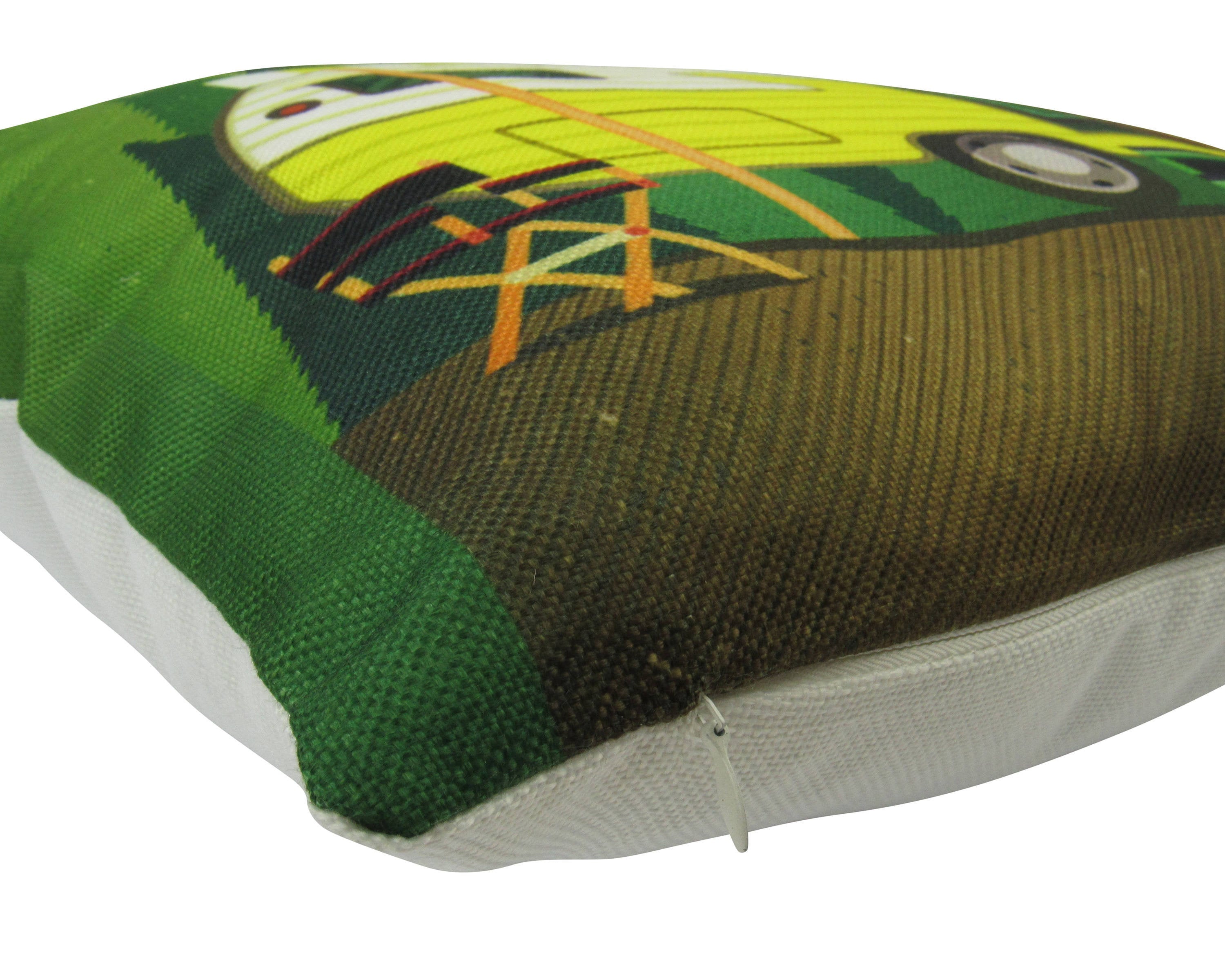 Happy Camper pillow cover featuring an Outdoor Adventure Camp trailer design, made from a durable cotton/polyester blend with a concealed zipper.