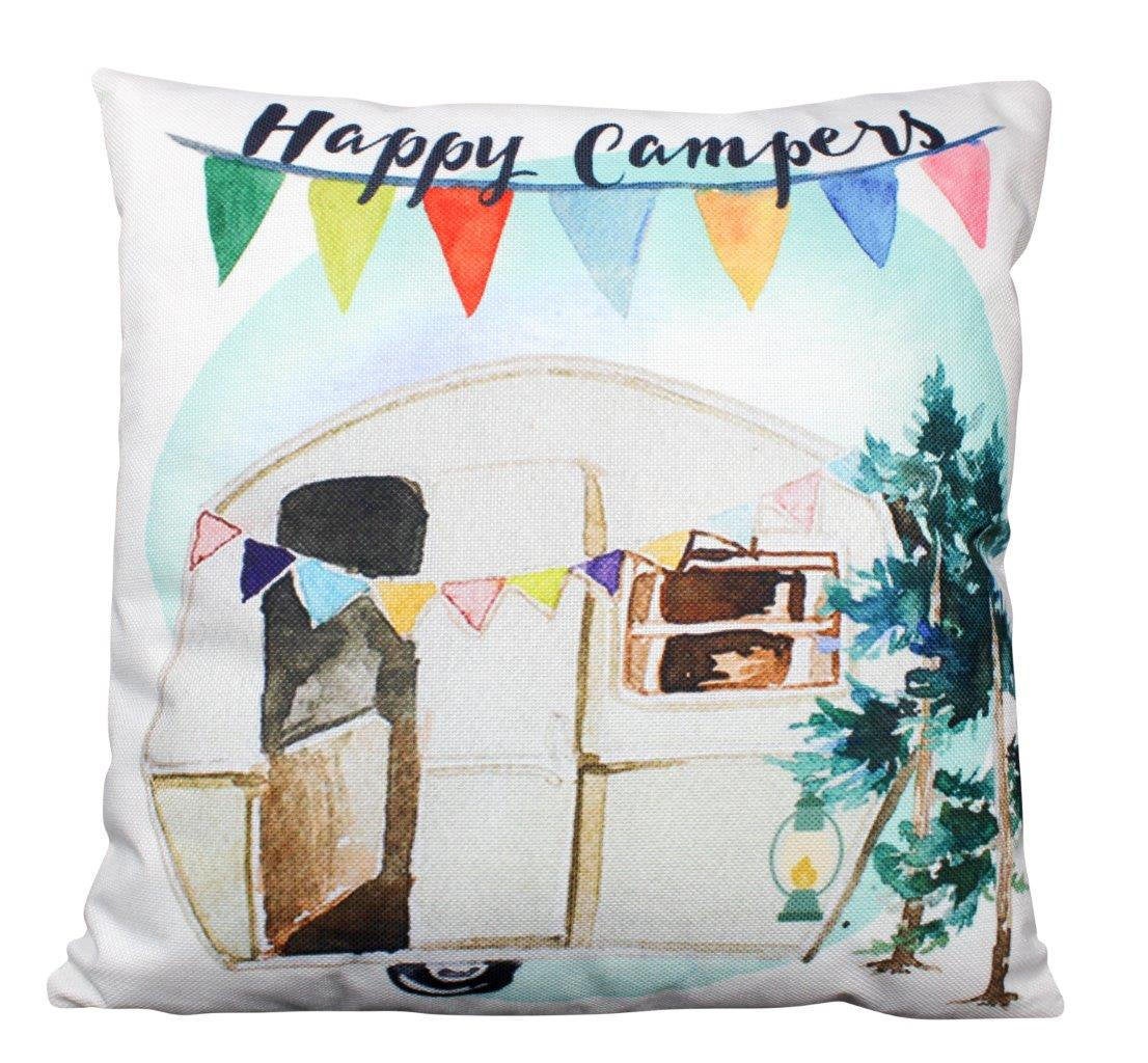 Happy Camper pillow cover featuring a colorful camper design, made from durable cotton/polyester blend with a concealed zipper.