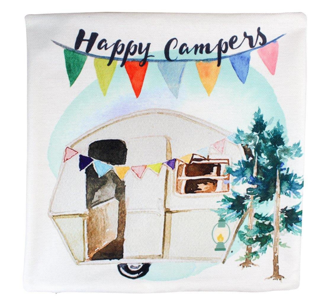 Happy Camper pillow cover featuring a colorful camper design, made from durable cotton/polyester blend with a concealed zipper.