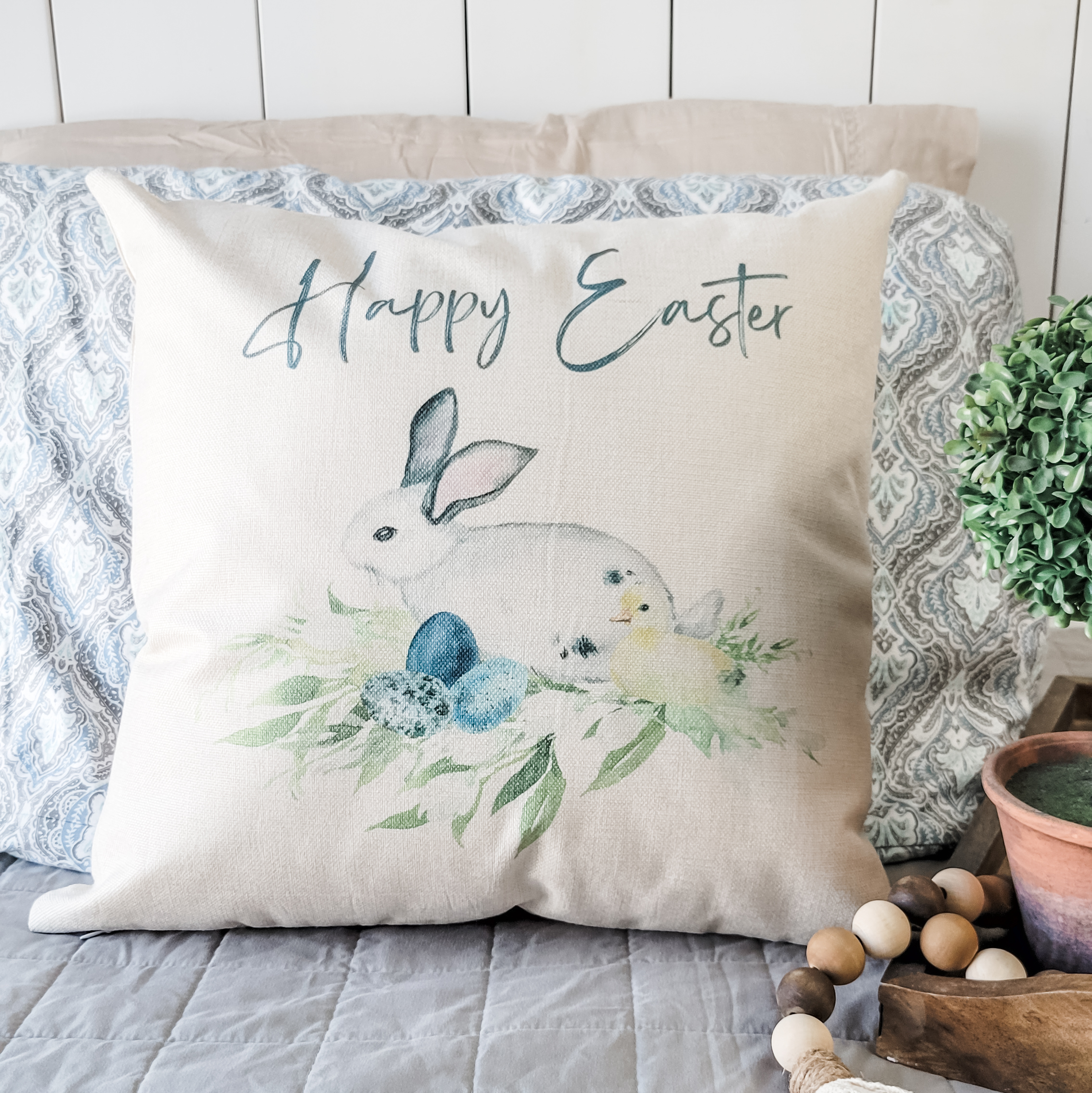 Happy Easter Bunny Pillow Cover featuring a whimsical bunny design on a soft linen fabric, perfect for spring decor.