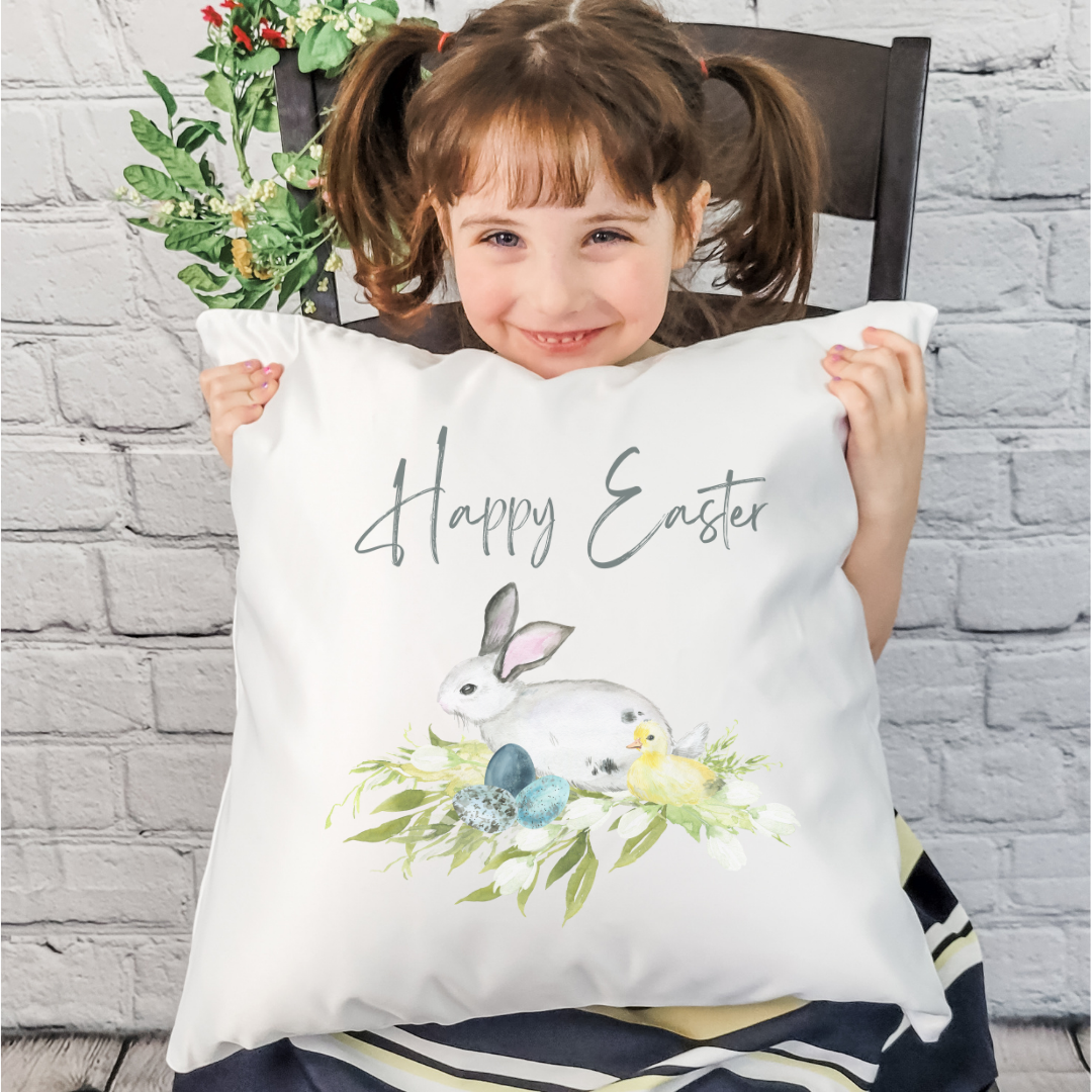 Happy Easter Bunny Pillow Cover featuring a whimsical bunny design on a soft linen fabric, perfect for spring decor.