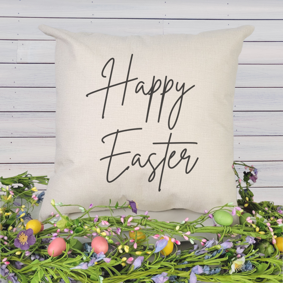 Happy Easter Pillow Cover featuring floral designs on soft linen fabric, perfect for Spring decor.