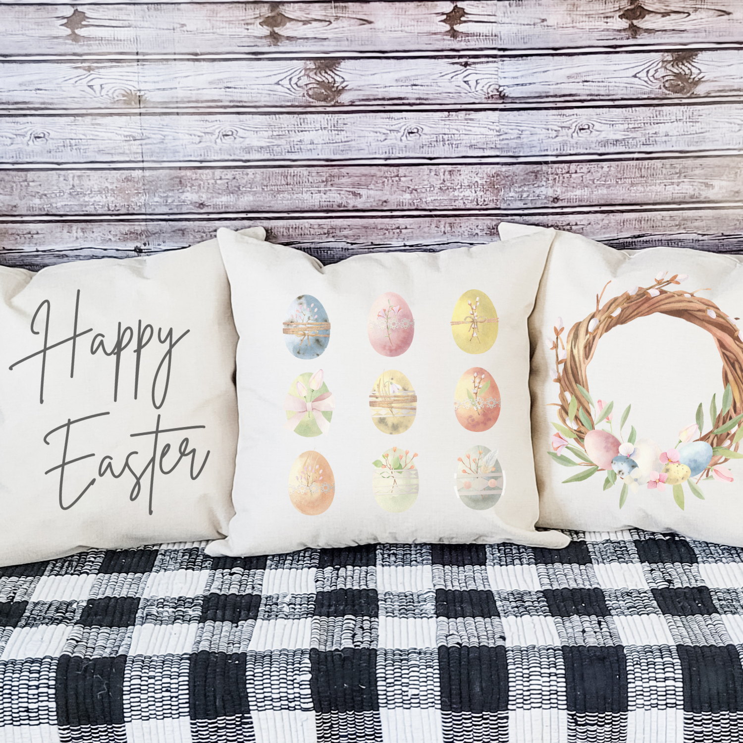 Happy Easter Pillow Cover featuring floral designs on soft linen fabric, perfect for Spring decor.