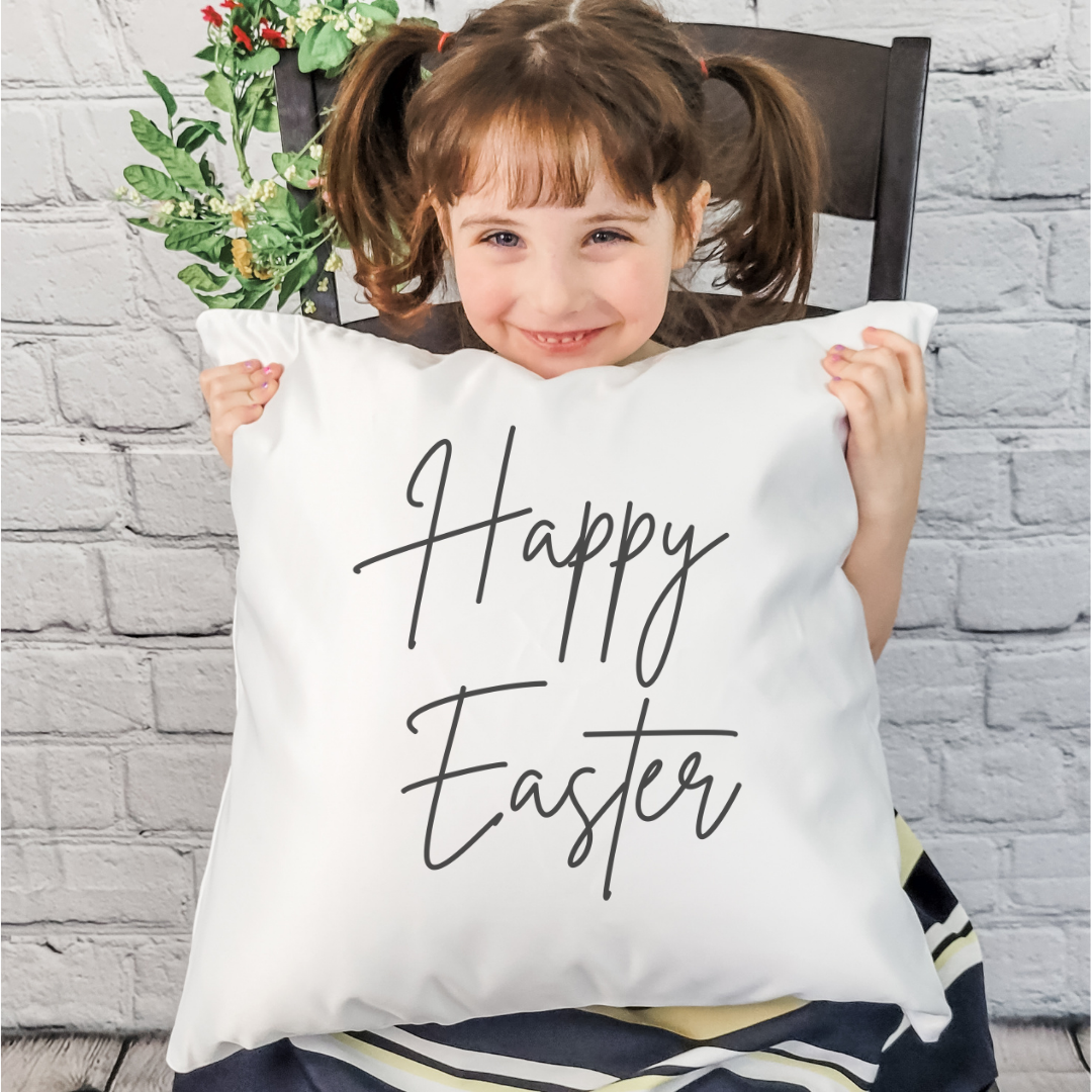 Happy Easter Pillow Cover featuring floral designs on soft linen fabric, perfect for Spring decor.