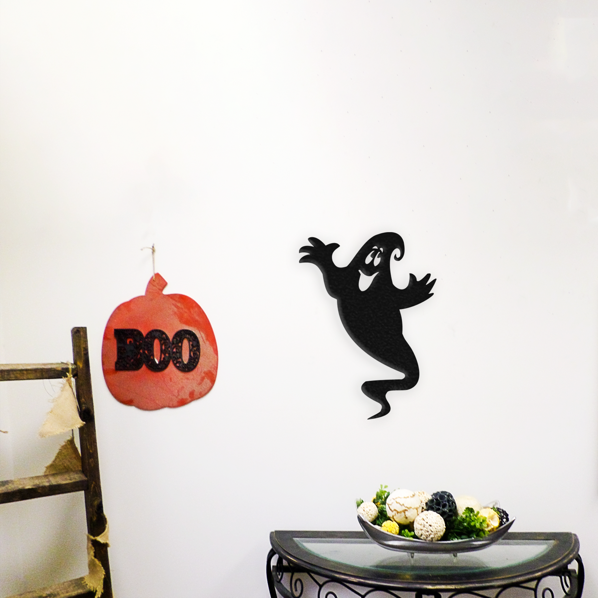 Happy Ghost metal wall art featuring a whimsical ghost design, perfect for Halloween decoration.