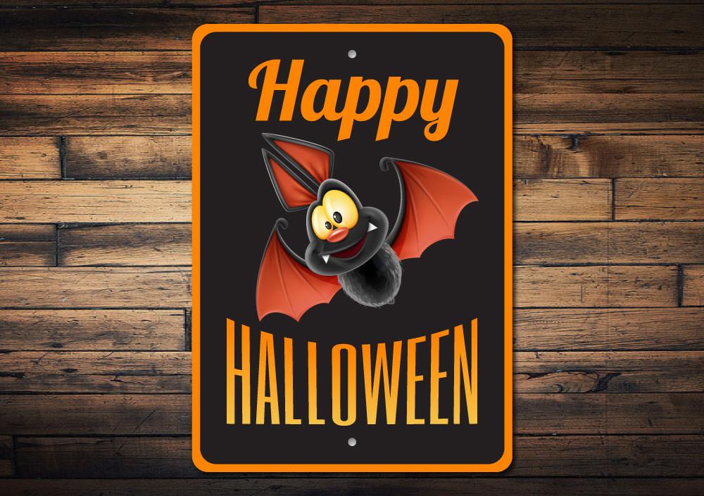 Happy Halloween Bat Sign made of aluminum, featuring a spooky bat design perfect for Halloween decorations.