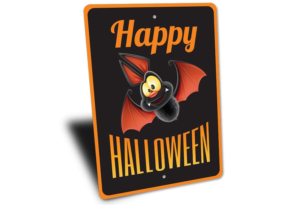 Happy Halloween Bat Sign made of aluminum, featuring a spooky bat design perfect for Halloween decorations.